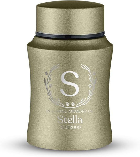 Customized Small Keepsake Urn Personalized Engraved with Pet Name, Date, and Text- 4" Powder Coated Cremation Mini Compact Urn for Dogs Ashes | 5–10 Lbs Capacity | Washed Gold, Wood Branch Border