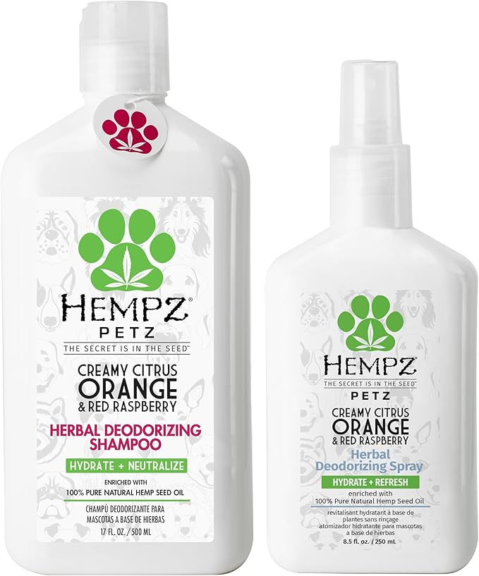 Hempz Petz Creamy Citrus Orange & Red Raspberry, Dog Cologne, 8.5 fl. oz. with Hempz Petz Creamy Citrus Orange & Red Raspberry, Dog Shampoo & Conditioner 2 in 1 Herbal Shampoo & Conditioner 17 oz.