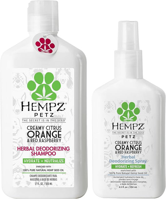 Hempz Petz Creamy Citrus Orange & Red Raspberry, Dog Cologne, 8.5 fl. oz. with Hempz Petz Creamy Citrus Orange & Red Raspberry, Dog Shampoo & Conditioner 2 in 1 Herbal Shampoo & Conditioner 17 oz.