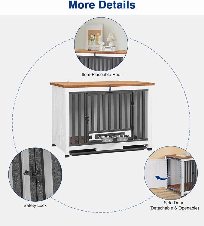 Dog Crate Furniture, Foldable Wooden Dog Kennel Furniture with 360° Rotating Feeding Bowls, Iron Frame Dog Crate with Deepened Sliding Tray, 33" L - White Brown