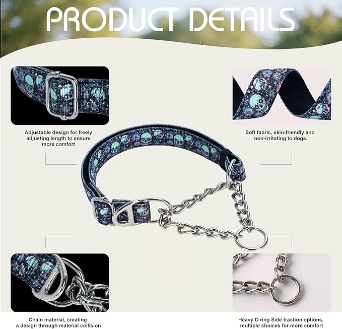 Martingale Dog Collar with Chain,Heavy-Duty Training Collar with No Buckle -No-Pull Dog Collar with Skull Pattern for Medium Large Extra Large and XXL Dogs (Skull XXL)