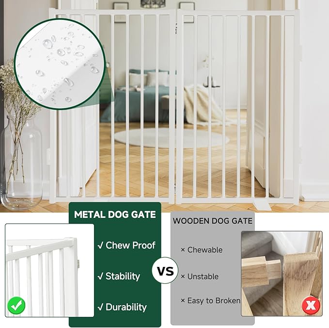 Snagle Paw Full Metal Freestanding Dog Gate,Indoor Pet Gate with Floor Protect Support Feet, 40x32 Inches Foldable Dog Fence for Stairs, Hallways and Doorways (32'' H 2 Panel, White
