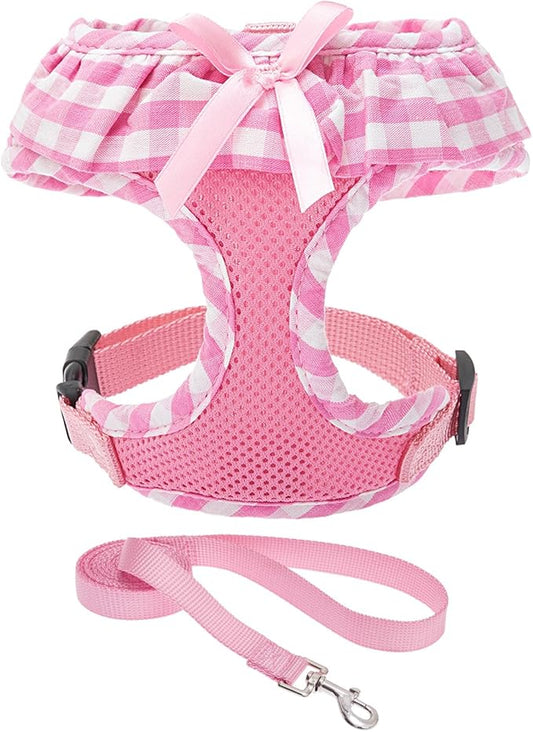 EXPAWLORER Cute Dog Harness and Leash Set - Pink Girl Dog Harness Checkered Step-in Design, Easy Adjustable No-Choke Lightweight Breathable Vest for Puppy Small Dogs Cats Outdoor Walking, X-Small
