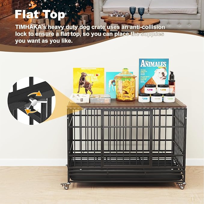 48 Inch Heavy Duty Dog Crates, Escape Proof Dog Cage Large Dogs with Wheels, Indestructible Steel Dog Cage with Upgraded Reinforced Baseplate for High Anxiety Dogs, Dog Kennel Indoor Outdoor