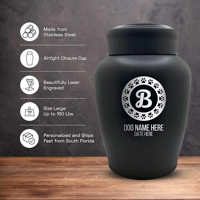 Personalized Custom Dog Urn Engraved Dog Name and Date - Stainless Steel Large Cremation urns for Dogs Ashes with Airtight Closure | up to 150 lbs Capacity | Paw Stamp