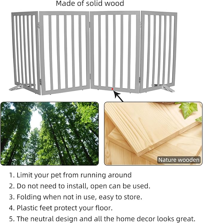 Dog Gate Indoor, Freestanding Dog Fence for The House, Doorways, Hallways,or Stairs,Pet Gate Foldable Wooden,Expandable 32" Height 4 Panels,Grey