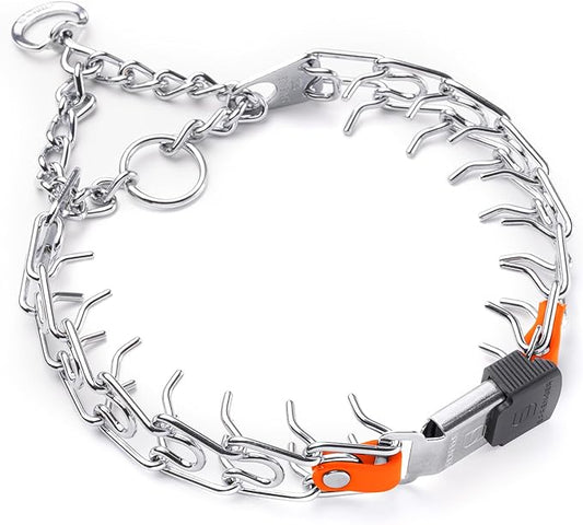 Herm Sprenger Chrome Plated Steel Dog Collar with Short Links and Quick Release ClicLock Buckle and Biothane Insert Made in Germany 20in x 3.0mm (Neck Size up to 16-17in) (Hunter Orange)