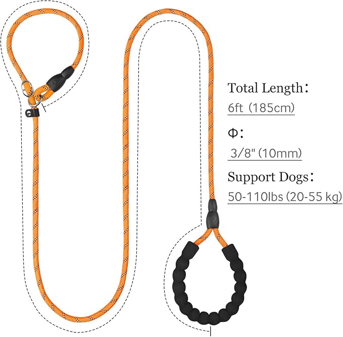 TagME Slip Leads for Dogs that Pull, 6 FT No-Pull Training Leash with Lock, Escape-Proof Design, Reflective & Padded Handle for Medium Dogs, Orange