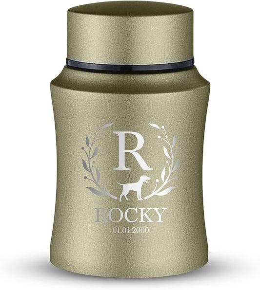 Customized Small Keepsake Urn Personalized Engraved with Pet Name, Date, and Dog Design - 4" Powder Coated Cremation Mini Compact Urn for Dogs Ashes | 5–10 Lbs Capacity | Washed Gold, Flower Border