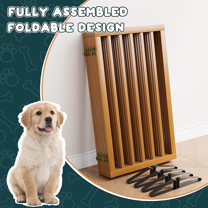 Freestanding Extra Wide Dog Gate Indoor, 6-Panel Wooden Pet Gate with 2 Metal Stands and 360°Hinge, Tall Dog Gates for Doorways, Stairs, Doorways, Kitchen, Foldable Safety Fence, 110"W x 32"H - Walnut