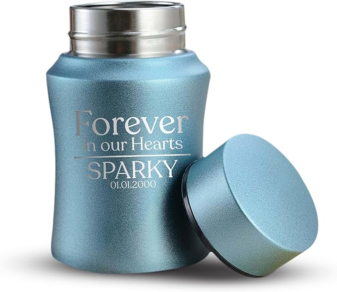 Customized Small Keepsake Urn Personalized Engraved with Pet Name, Date, and Dog Design - 4" Steel Cremation Mini Compact Urn for Dogs Ashes | 5–10 Lbs Capacity | Powder Blue, Forever in Our Hearts