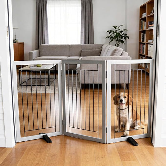 ZJSF Freestanding Dog Gate Indoor, Foldable Dog Fence for Doorways,Hallways or Stairs, Sturdy Wood Extra Wide Pet Gate with Support Feet,Grey,32 "Height-3 Panels