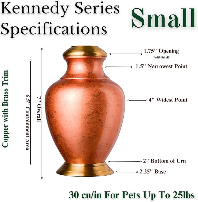 Kennedy Classic Series Pet Urn for Dogs and Cats, Handmade Brass Memorial Cremation Urn (Small - Pets up to 25 lbs, Copper)