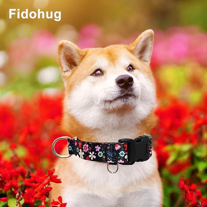 Martingale Dog Collar with Buckle Adjustable Nylon Limited Slip Training Floral Dog Collars (Black Pink Red, Large)