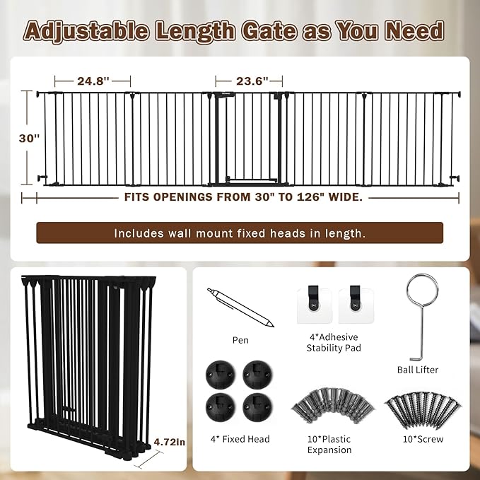 Mumeasy 126" Extra Wide Baby Gate for Doorways, Stairs & Fireplace, Auto Close Safety Dog & Pet Gate with Walk Thru Door, Childproof Fence for Hallway Kitchen House Indoor Outdoor,5 Metal Panels,Black