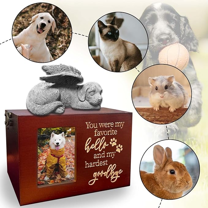 Dog Urn - Red Wooden Urns for Ashes Cremation Urn Box Keepsake Comes with Dog Angel