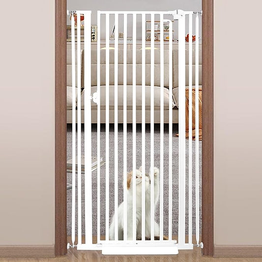 71“ Extra Tall Cat Gate for Doorway：29.4-33.4” Wide Pet Gate, Auto Close/One Handed Open, 1.34” Extra Small Gap, No Drill Pressure Mount Tall Cat Gate for Interior Stairs/Kitchens/Hallways (White)