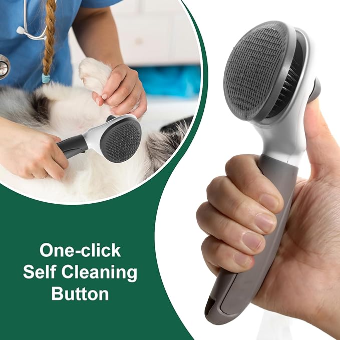 Self Cleaning Slicker Brush with release button for cat, dog, small and large pets, shedding and grooming, massaging tool. Suitable for both long or short hair. (Gray_Large)