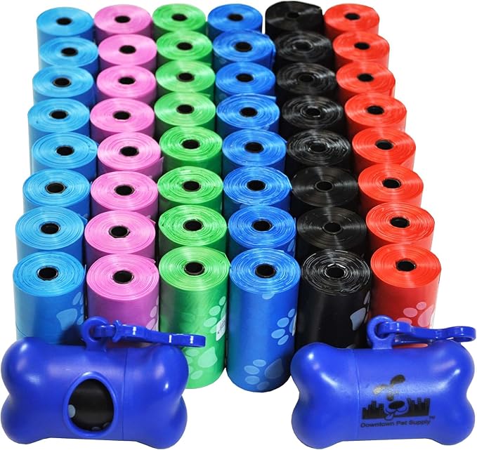 Downtown Pet Supply Poop Bags for Dogs with Dispenser, 1000 Count - Leak-Proof Dog Waste Bags and Bone-Shaped Dog Poop Bags Holder for Leash - Rainbow with Paw Prints, 12.5" x 8.5"