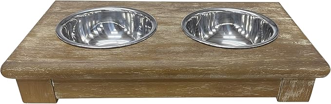| Adjustable Dog Feeder - 3 Height Levels - Aluminum Bowls - Washed Oak Finish - Farm House Pet Supplies - 16" Tall - 12" Tall - 8" Tall