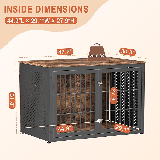 48" Rustic Heavy Duty Dog Crate Furniture for Extra Large Dogs, Metal Kennel for High Anxiety Dogs, Wooden Cage Furniture Indoor, Decorative Dog Kennel End Table, XL