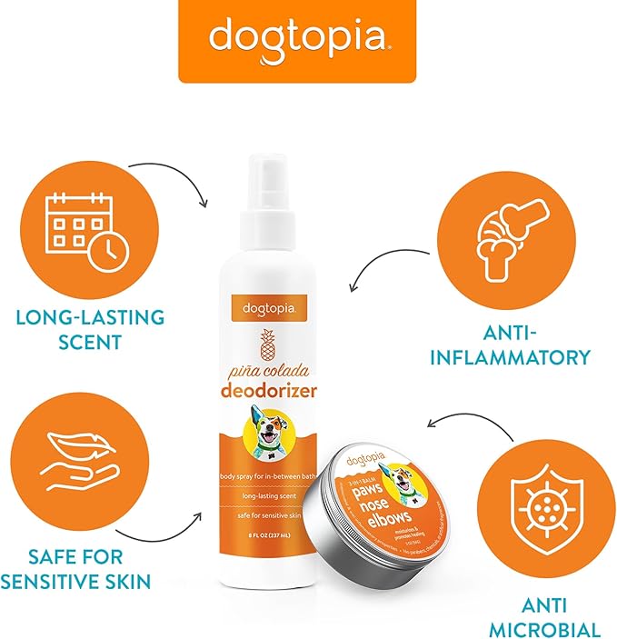 Dogtopia 3-in-1 Paw Balm & Deodorizer Spray - Between Baths Bundle for Pets | Moisturizing Balm for Cracked Skin (2oz) & Long-Lasting Piña Colada Odor Eliminator (8oz) for Dogs & Cats