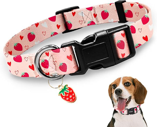 Kazazoo Dog Collar Cute and Soft Nylon Puppy Collar Girl, Adjustable Dog Collars for Small Medium Dogs, Strawberry-M