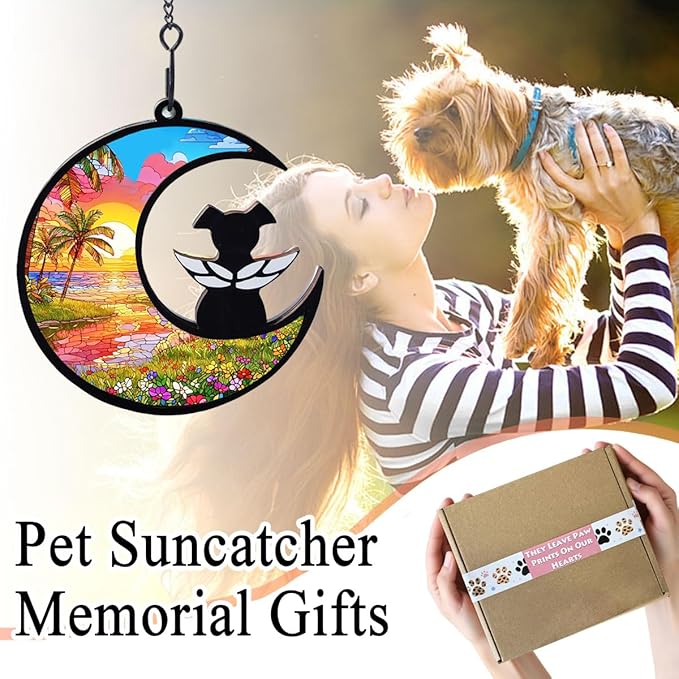 Dog Angel Memorial Suncatcher with Rainbow Bridge Poem Card, Pet Sympathy Gifts for Loss of Dog, Seaside Sunset