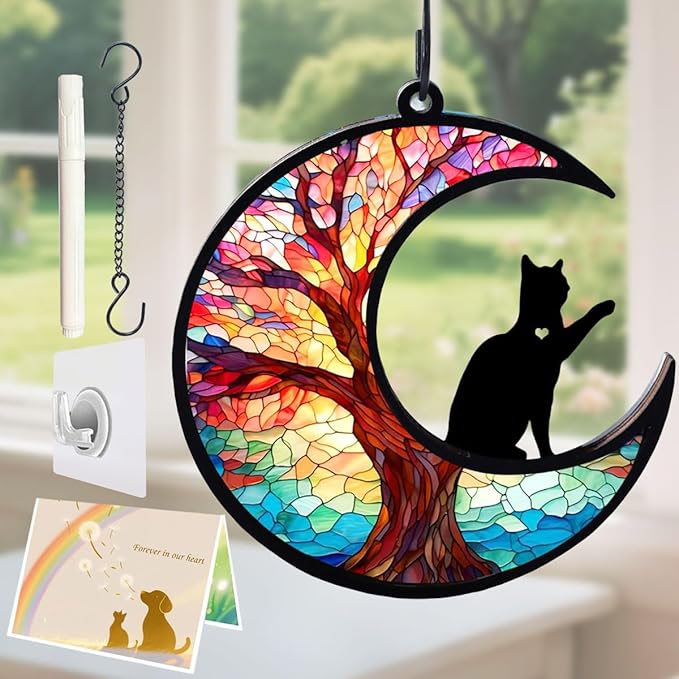 Dog Angel Memorial Suncatcher with Rainbow Bridge Poem Card, Pet Sympathy Gifts for Loss of Dog and Cats, Life Tree and cat