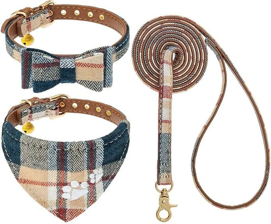 EXPAWLORER Dog Collar and Leash Set - Embroidery Pawprints Plaid Dog Collar and Dog Leash Set, Bow Tie and Bandana Dog Collar with Bell, Collar and Leash for Dogs Cats Outdoor Walking, Khaki S-M