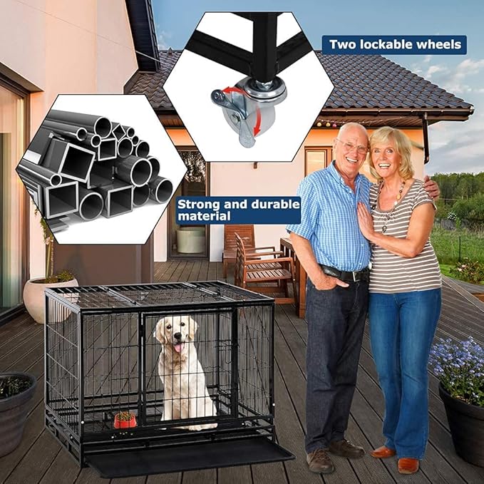 HGS 36-in Dog Crate Metal Dog Cage Heavy Duty Kennel for Large Dogs Pet Playpen for Training, Indoor Outdoor Dog Crate with Lockable Wheels, 2 Doors and Removable Tray, Black