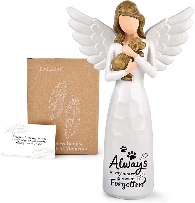 DALARAN Hand-Painted Angel Memorial Statue, Sympathy Gift for Loss of Dog with “Always in My Heart” Inscription, 14cm Remembrance Keepsake for Home Décor