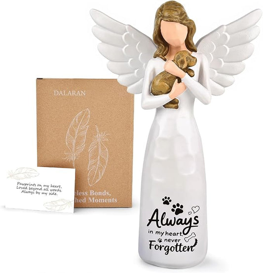 DALARAN Hand-Painted Angel Memorial Statue, Sympathy Gift for Loss of Dog with “Always in My Heart” Inscription, 14cm Remembrance Keepsake for Home Décor