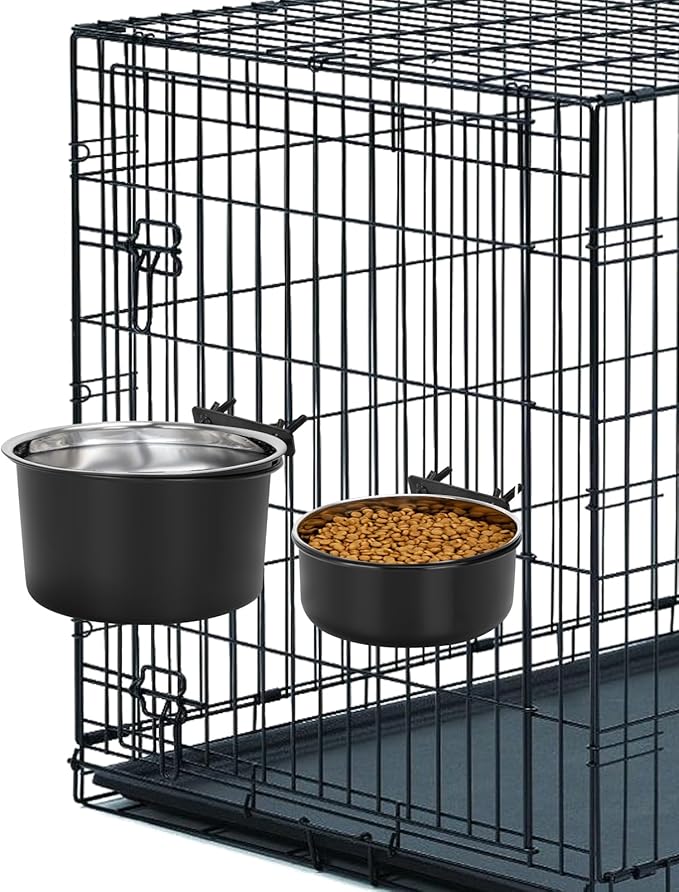 Crate Dog Bowls, Removable Stainless Steel Dog Bowl for Food and Water, Pet Kennel Hanging Food Water Feeder Bowls for Small/Medium/Large Dogs and Cats (7.1"x3.7" & 6.3"*2.6", Dark Black)
