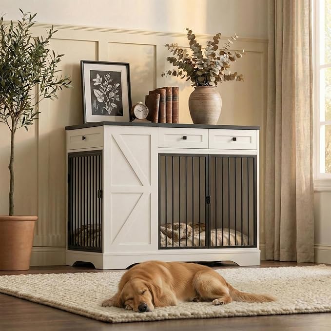 Dog Crate Furniture for Medium Large Dogs, Double-Door Kennel with Removable Bowls, Indoor Wooden Storage Drawers Heavy Duty Dog House Cage