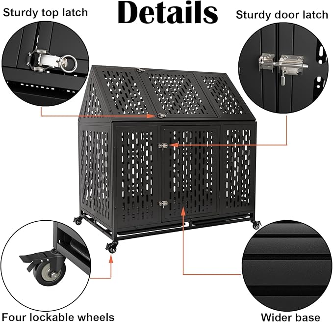 44 inch Heavy Duty Dog Crate with Wheels, Indestructible Escape-Proof Steel Pet Kennel for High Anxiety Large Medium Dogs, Chewproof Indoor Double Door Dog Kennel with 2 Trays, 4 Locks, XL