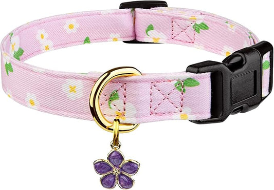 Cotton Handmade Dog Collar Cute and Distinctive Patterns Purple Flower with Pendant for Girl Boy Dogs Collars L