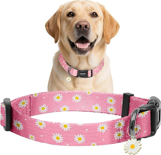 Kazazoo Dog Collar Cute and Soft Nylon Puppy Collar Girl, Adjustable Dog Collars for Medium Large Dogs, Pink Daisy-L