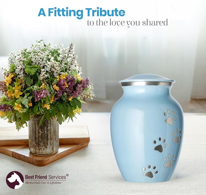 Ottillie Paws Legacy Series Pet Urn for Dogs, Handmade Aluminum Memorial Cremation Urn (X-Large - Pets up to 170 lbs, Baby Blue, Vertical Pewter Paws)