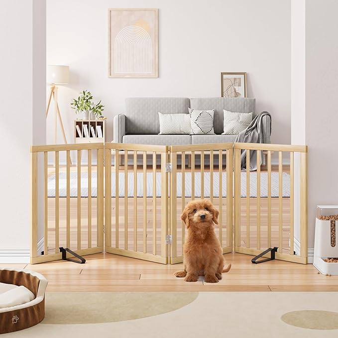 Semiocthome Solid Bamboo Dog Gate with 2 Stands, Freestanding Pet Gates for Doorways and Stairs, 24" Height-4 Panels Puppy Gate for The House, Fully Assembled Indoor Gate Safety Fencee - Natural