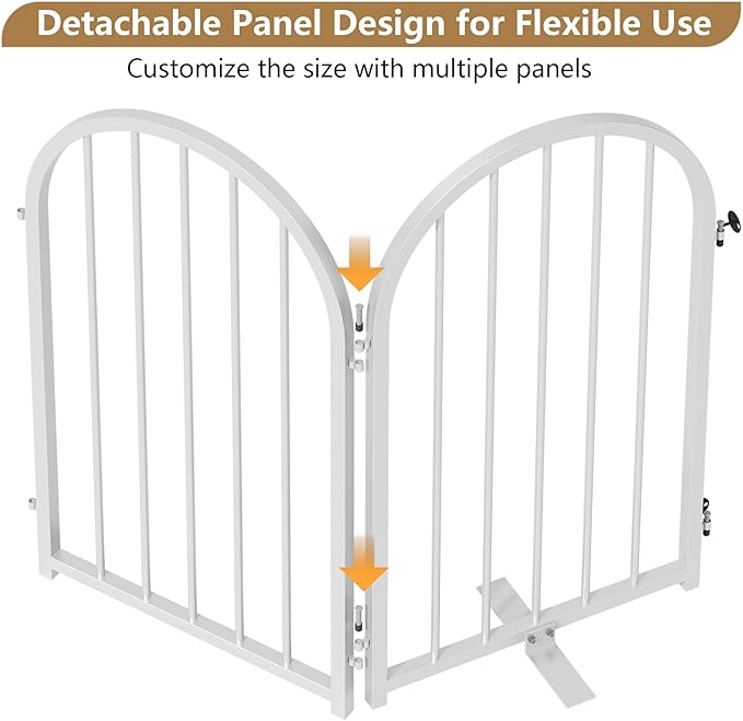 Full Metal Dog Gate with Door for Indoor Outdoor, 24" Tall Free Standing Pet Dog Fence, 108" Extra Wide Pet Gates for Stairs, Hallways, Doorways, Kitchen, Decks, Yards (White, 6 Panels)