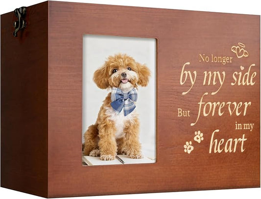 Pet Urns for Dogs or Cats Ashes with Photo Frame, Wooden Memory Box for Keepsakes with Black Flannel as Lining, Pet Memorial Gifts for Dogs (Brown Medium)