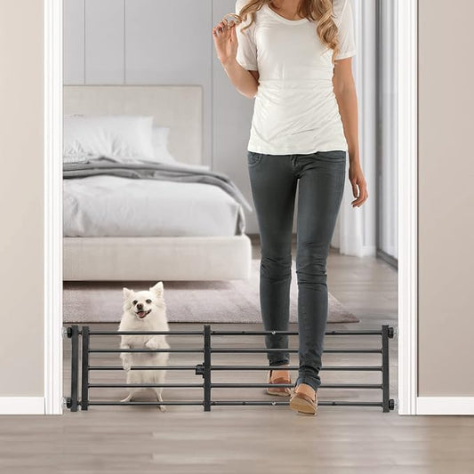 Malier Indoor Dog Gate with Door, 26-41" Extra Wide Full Metal Pet Gate Short Dog Gate for Stairs, Pressure Mount 10'' Tall Small Puppy Low Gate Easy Step Over for Doorways