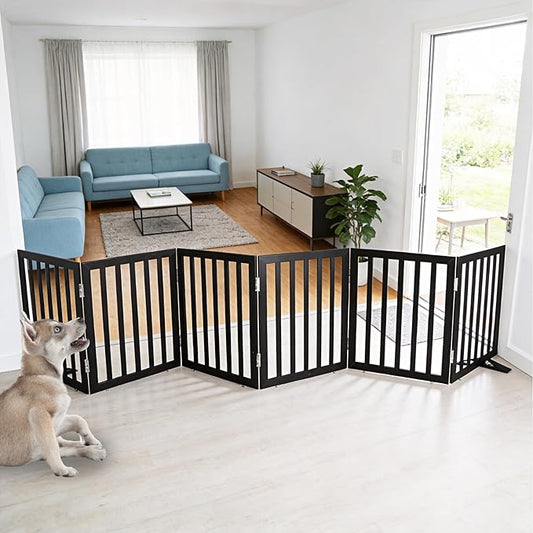 ZJSF Freestanding Indoor Dog Gate for House Foldable Wood Puppy Gate for Doorways Pet Gate for Stairs Extra Wide Pet Fence, Black, 24" Height 6 Panels