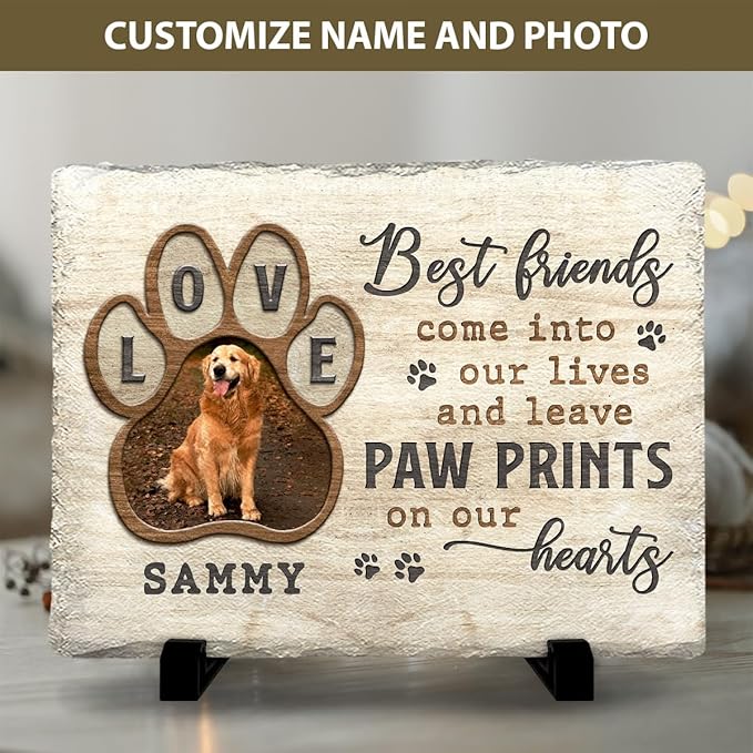 Dog Memorial Stone - Love Pawprint Plaque with Custom Photo & Touching Optional Quotes - Pet Loss Gift, Personalized Stones for Dogs Lover - Paw Prints on Our Hearts, Garden Décor
