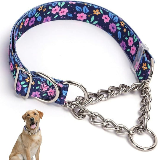 Stainless Steel Chain Dog Martingale Collar, No Pull Slip Cinch Choker Choke Collar Training Escape Proof Heavy Duty Dog Collar for Small Medium Large Pet Girl Female Dogs, Purple Floral XL