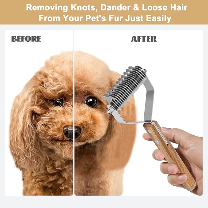 Undercoat Rake for Dogs, Dematting Comb for Dogs and Cats with Wood Handle, Deshedding Dog Brush for Remove Mats, Long-Haired Pets Grooming Rake, Large