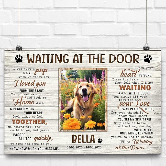 P80715 Personalized Memorial Canvas Gift - Waiting At The Door Poster, Dog Frames With Pictures, Bereavement Sympathy Gift for Dog Lover Mom Dad