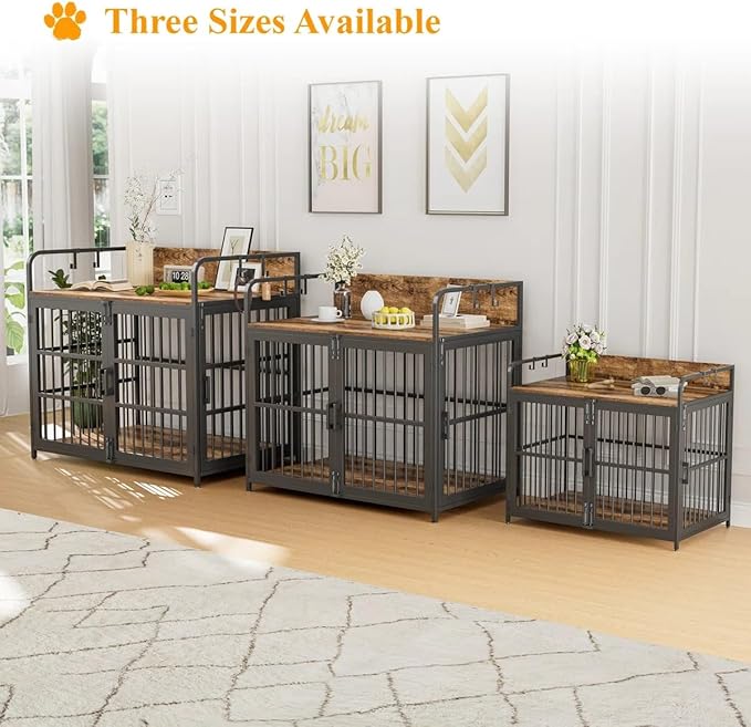 Large Dog Crate Furniture for Dogs, Wooden Decorative Heavy Duty Indoor Dog Kennel with Double Doors for Medium Small Breed, Pet House Dog Cage with Side End Table