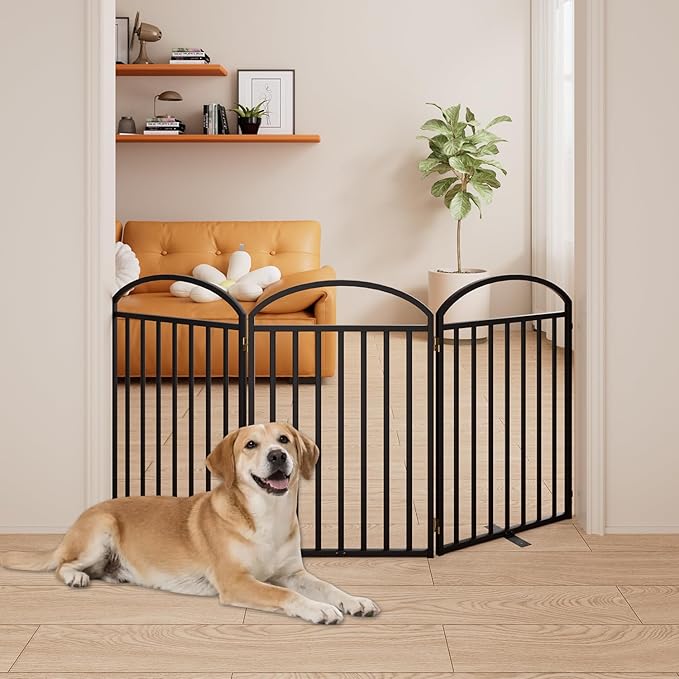 3 Panels Full Matel Freestanding Dog Gates, 72" Extra Wide 32" Tall Free Standing Dog Pet Gate for Indoor & Outdoor. Foldable Pet Fences for Doorways, House, Stairs, Porch, Deck, Yard